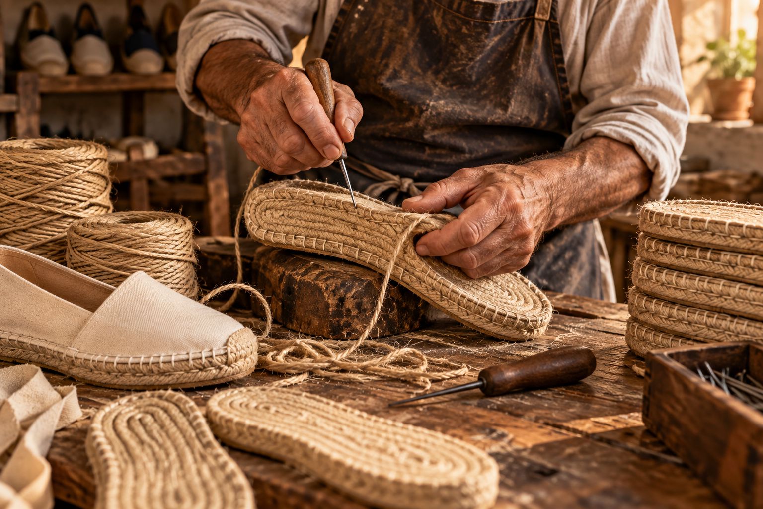 Artesano cosiendo a mano la suela de esparto de una alpargata española en su taller